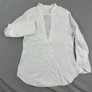 Wallmann Textile Austria 100% Linen White Tunic Blouse Embroidered 42 Large